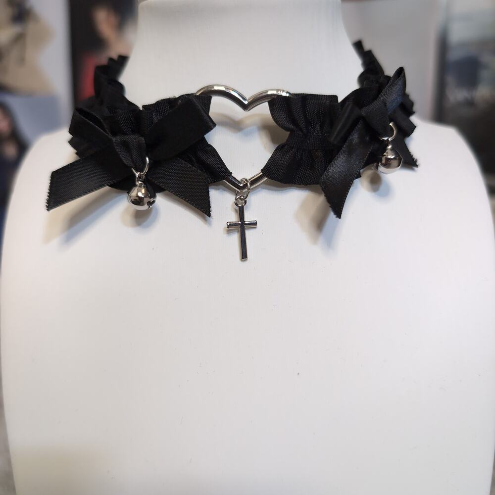 Ruffled Ribbon Choker with Cross Pendant